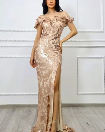 Rochie de seara Velary, croială sirenă cu linie couture si paiete, AURIU