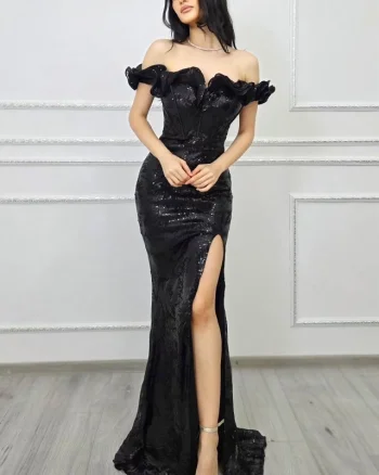 Rochie de seara Velary, croială sirenă cu linie couture si paiete, NEGRU