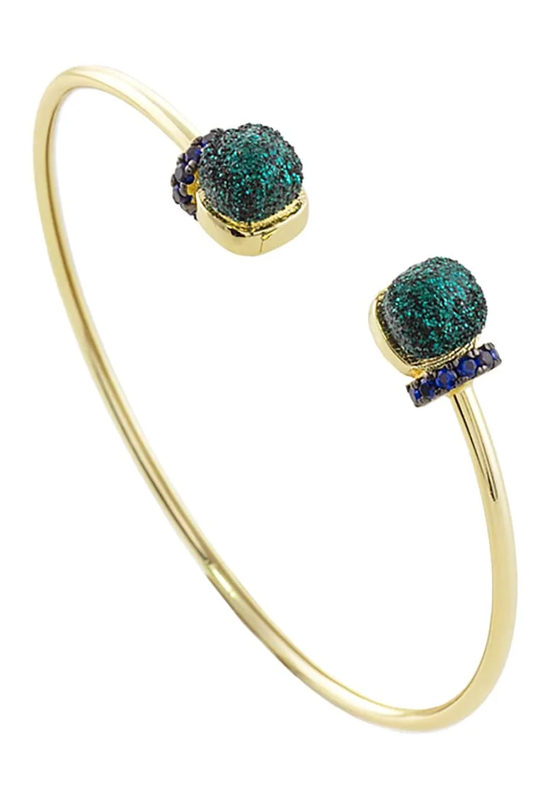 Bratara rigida placata cu aur de 18K si cu zirconia, Verde/Auriu