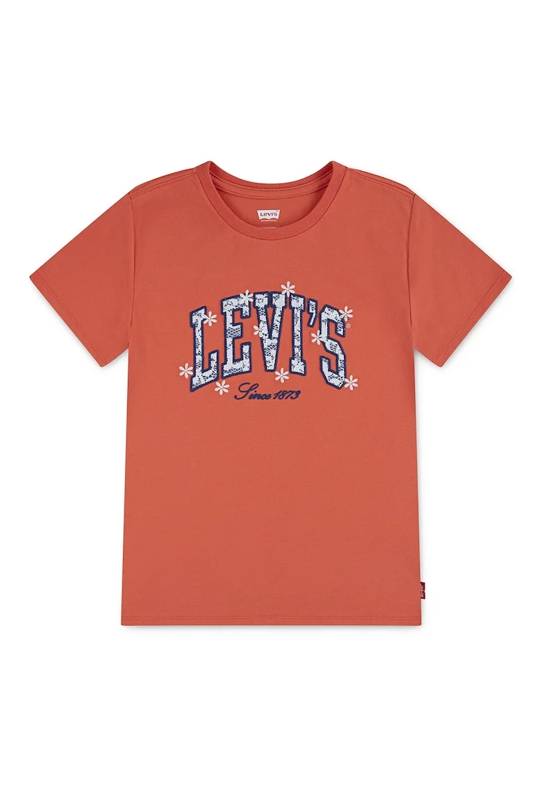 Tricou cu imprimeu logo si decolteu la baza gatului, Portocaliu
