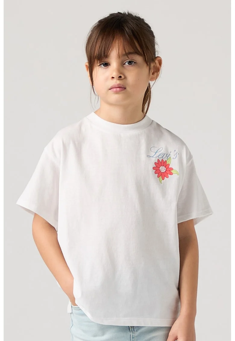 Tricou supradimensionat cu imprimeu floral si logo, Alb