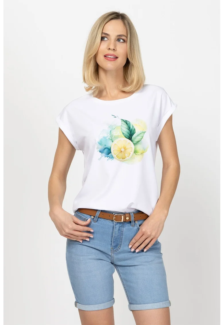 Tricou din amestec de modal cu imprimeu Monas, Galben/Alb murdar