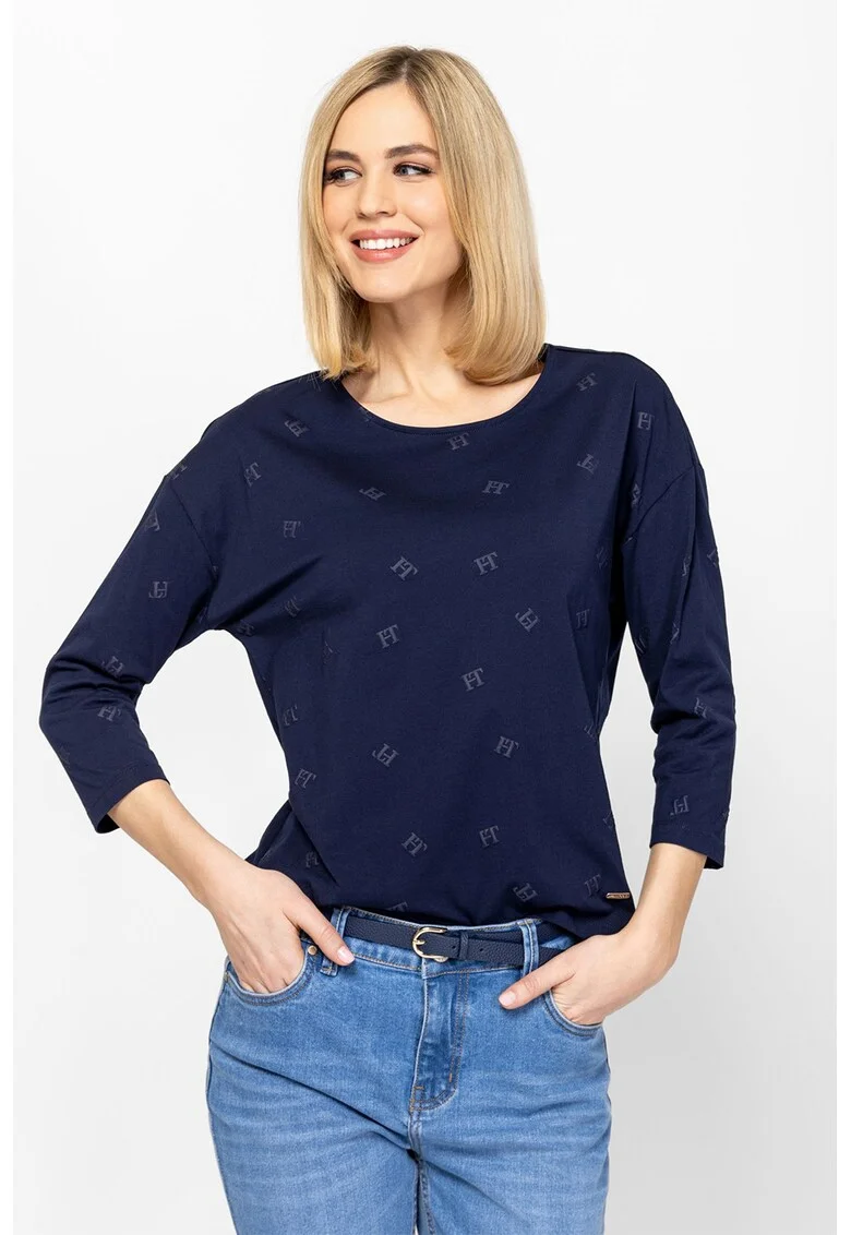 Bluza cu maneci trei sferturi si model cu logo discret Cresy, Bleumarin