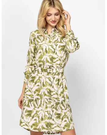 Rochie-camasa cu o curea in talie Varonna, Verde deschis/Alb murdar