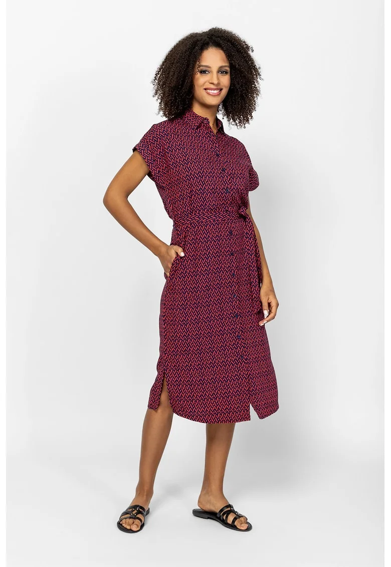 Rochie midi cu nasturi si buzunare Vaelina, Rosu inchis/Bleumarin