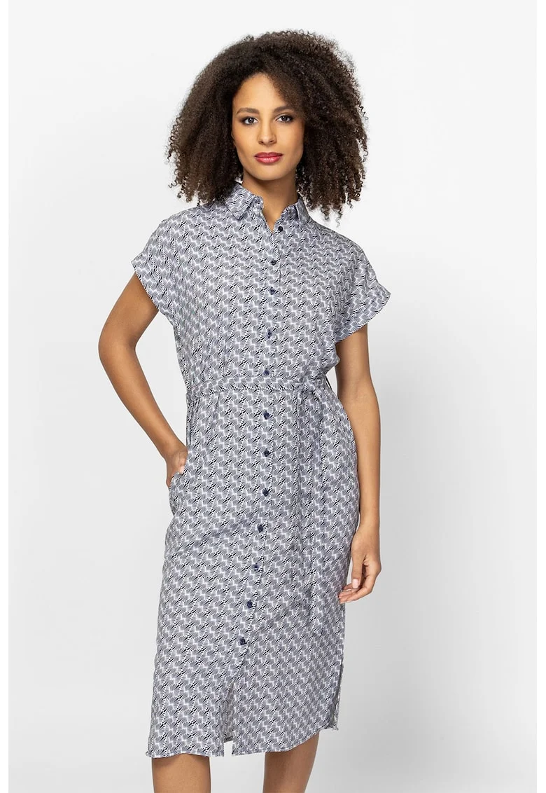 Rochie midi cu nasturi si buzunare Vaelina, Alb murdar/Albastru deschis