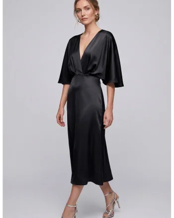 Rochie din satin cu decolteu drapat, Negru