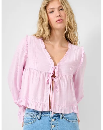 Bluza cu decolteu in V, volane si prindere cu snururi, Roz,