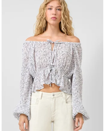 Bluza cu volane, decolteu pe umeri si prinderi cu snururi, Alb, Bleumarin,
