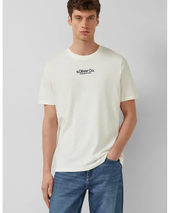 Tricou cu decolteu la baza gatului si logo, Alb murdar