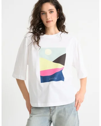 Bluza lejera cu imprimeu si maneci medii, Verde pal/Alb optic