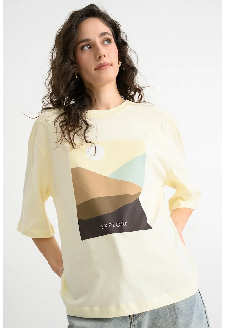 Bluza lejera cu imprimeu si maneci medii, Galben pai