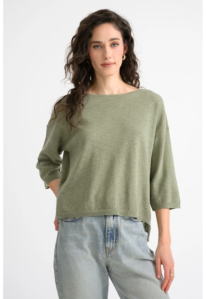 Bluza din amestec de in cu maneci trei sferturi, Verde sparanghel