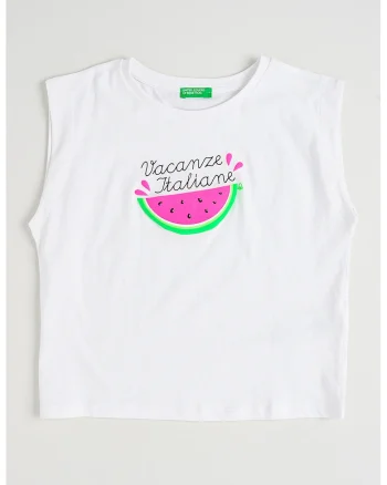 Tricou cu imprimeu grafic, fara maneci, Alb optic