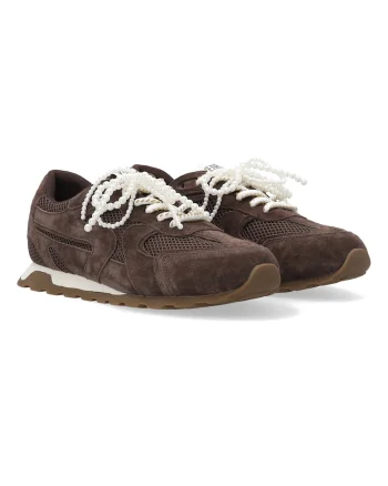 Pantofi sport piele cu sireturi perlate, Maro