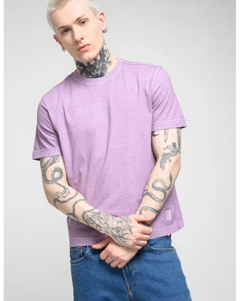Tricou din bumbac cu decolteu la baza gatului, Liliac prafuit