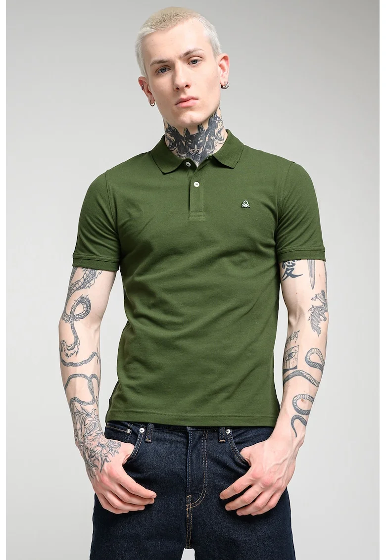 Tricou polo slim fit din amestec de bumbac, Verde inchis