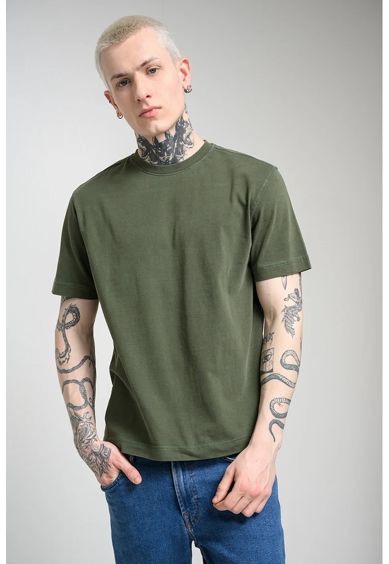 Tricou din bumbac cu decolteu la baza gatului, Sage Green