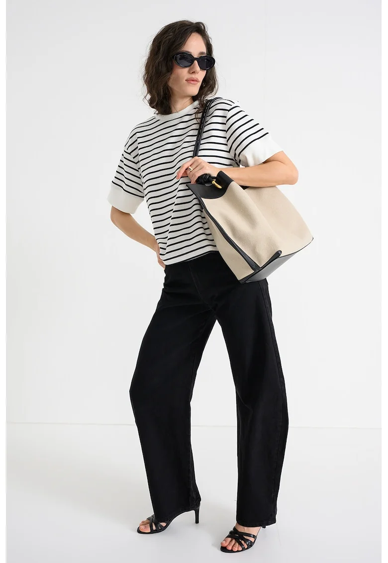Tricou din amestec de bumbac cu model in dungi, Negru/Alb optic
