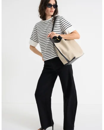 Tricou din amestec de bumbac cu model in dungi, Negru/Alb optic
