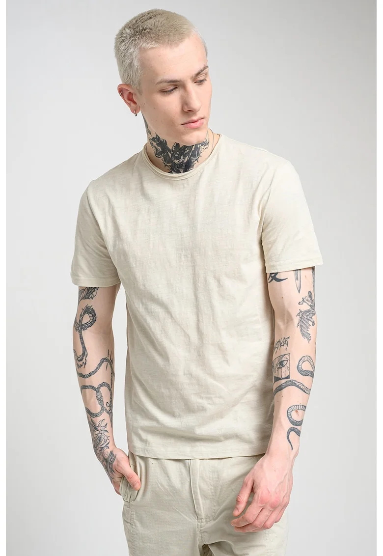 Tricou din bumbac cu decolteu la baza gatului, Bej deschis