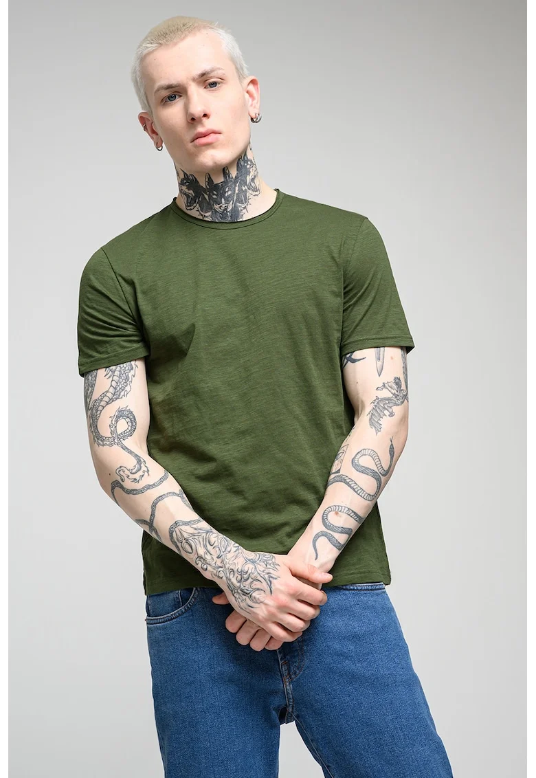 Tricou din bumbac cu decolteu la baza gatului, Verde inchis