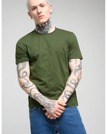 Tricou din bumbac cu decolteu la baza gatului, Verde inchis