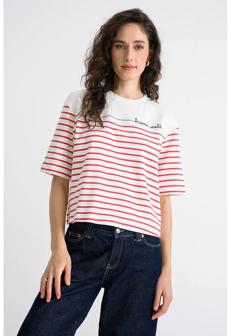 Tricou cu decolteu la baza gatului si model in dungi, Rosu/Alb