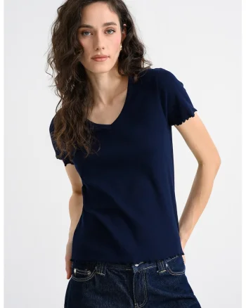 Tricou striat cu decolteu in V, Bleumarin
