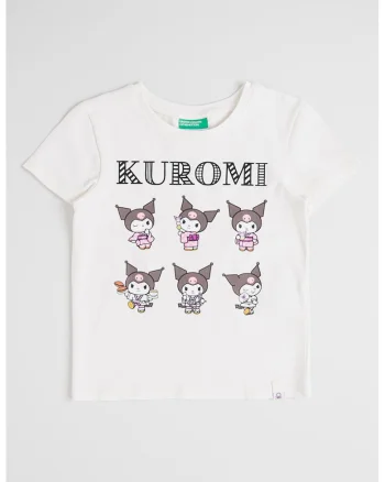 Tricou cu imprimeu Kuromi, Alb/Roz/Gri inchis