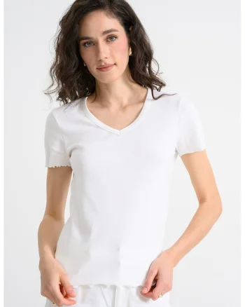 Tricou striat cu decolteu in V, Alb optic