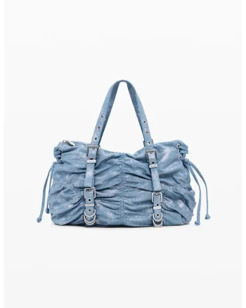Geanta de denim cu bareta de umar si fermoar, Albastru pastel