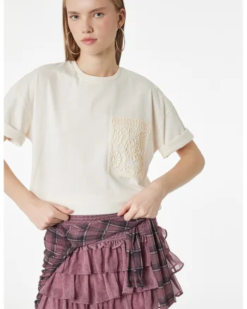 tricou lejer cu buzunar fals brodat, Bej deschis
