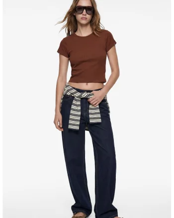 Tricou crop slim fit uni, Maro