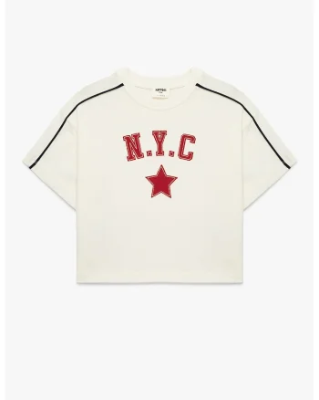 Tricou cu decolteu la baza gatului si imprimeu grafic, Alb