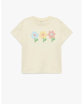 Tricou cu decolteu la baza gatului si imprimeu floral brodat, Crem
