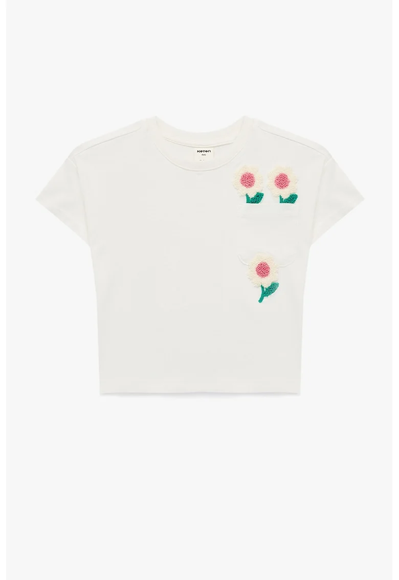 Tricou de bumbac cu buzunar pe piept si aplicatii florale, Alb