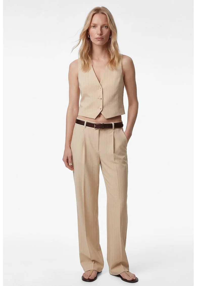 Pantaloni drepti cu pliuri si talie joasa, Bej deschis