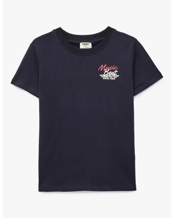 Tricou de bumbac cu imprimeu text pe spate, Bleumarin