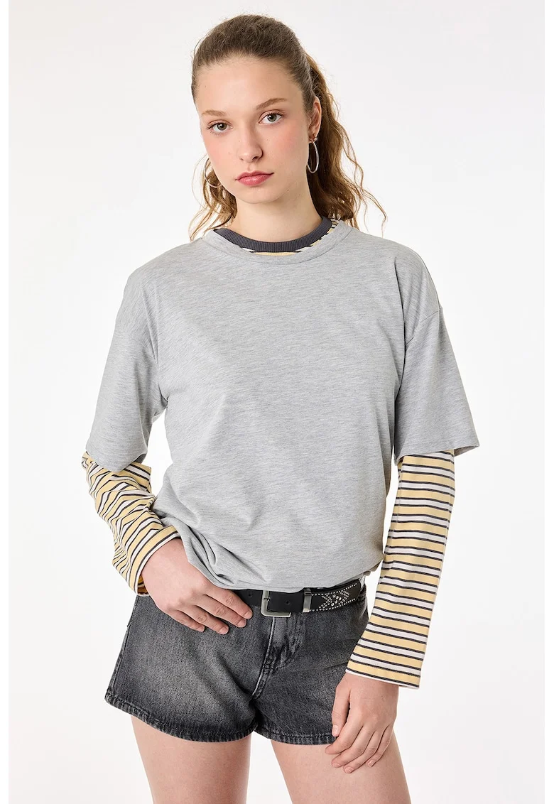 Tricou din bumbac cu aplicatii cu paiete, Gri deschis melange