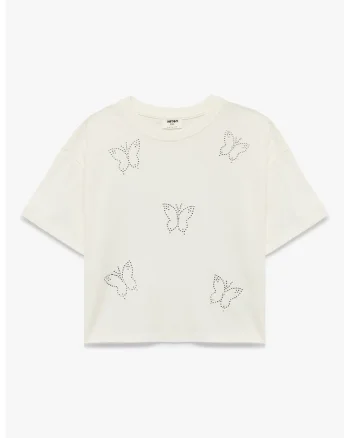 Tricou de bumbac cu model grafic, Alb murdar