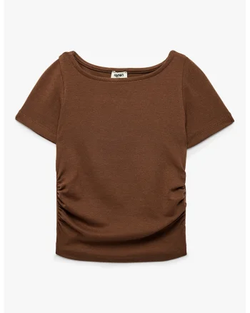 Tricou uni cu decolteu rotund, Maro pamantiu