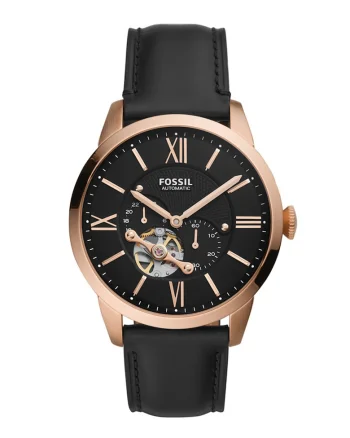 Ceas automatic cu o curea de piele, Negru/Auriu rose