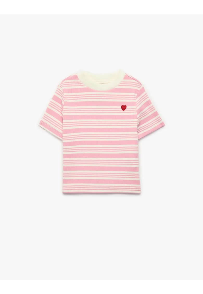 Tricou cu inima brodata si dungi, Rosu/Roz deschis/Bej deschis