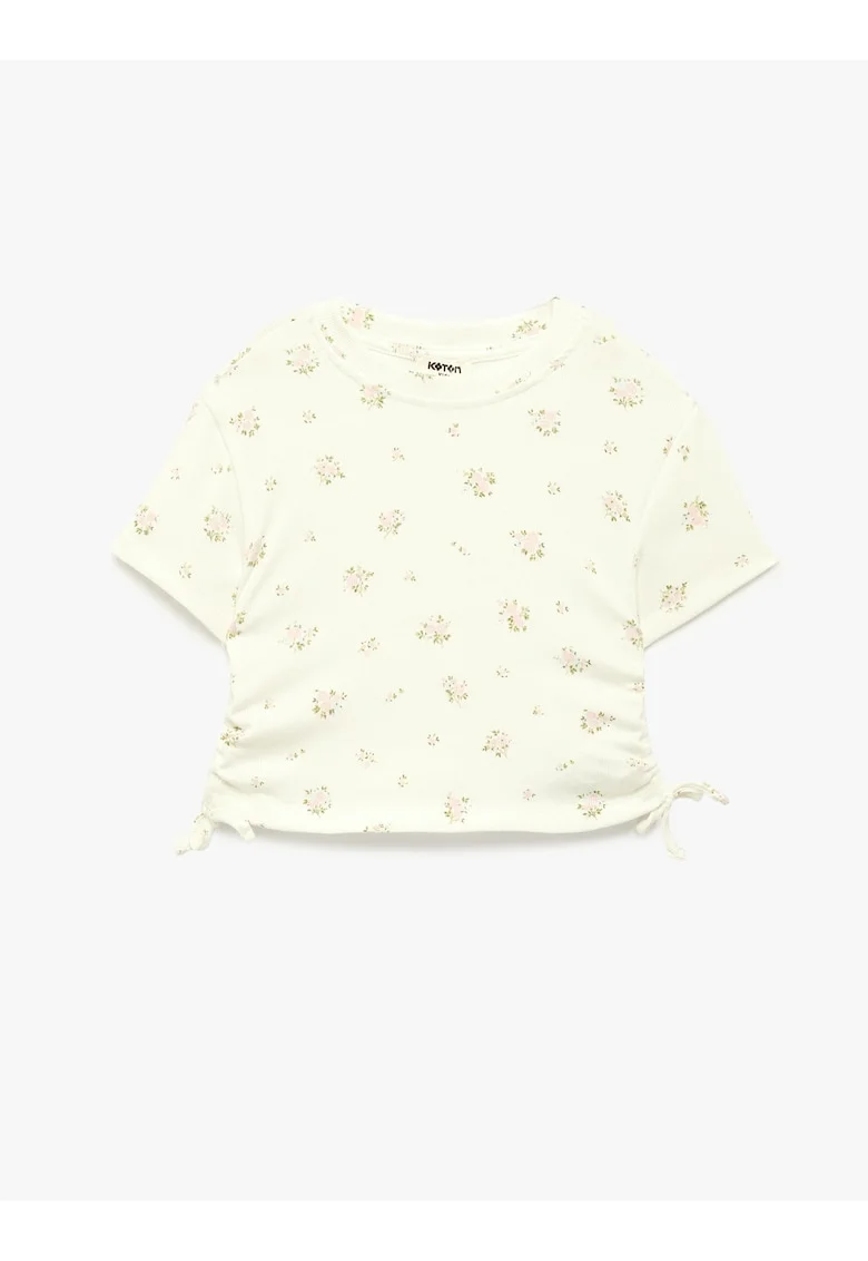 Tricou cu decolteu rotund si design floral, Roz pal/Crem