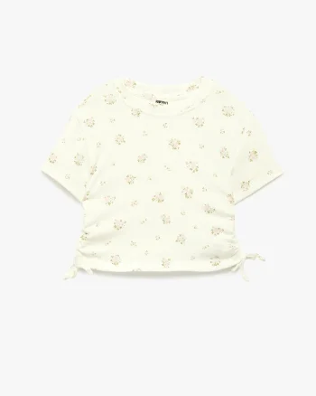 Tricou cu decolteu rotund si design floral, Roz pal/Crem
