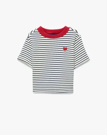 Tricou slim-fit cu inima brodata si dungi, Alb/Negru/Rosu vermillion