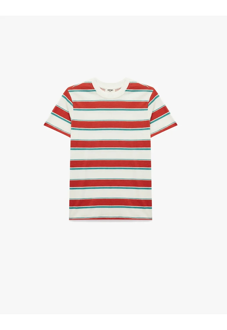 Tricou cu decolteu la baza gatului si dungi, Rosu vermillion/Verde aquamarin/Alb murdar