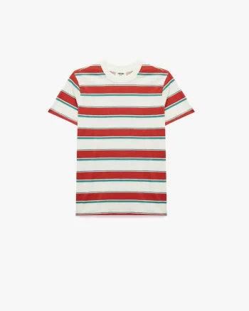 Tricou cu decolteu la baza gatului si dungi, Rosu vermillion/Verde aquamarin/Alb murdar