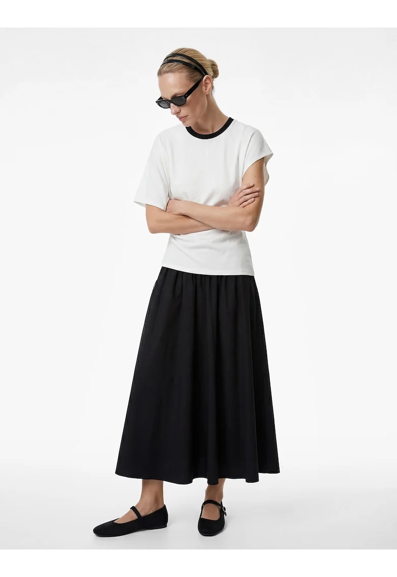 Bluza din amestec de in cu fronseu, Negru/Alb optic